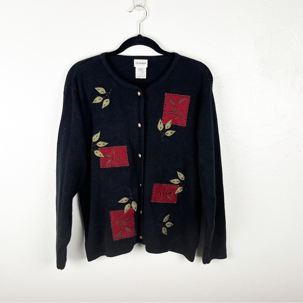 LIZ BAKER Black Patch Long Sleeves Front Button Knit Cardigan Size Medium Cabin